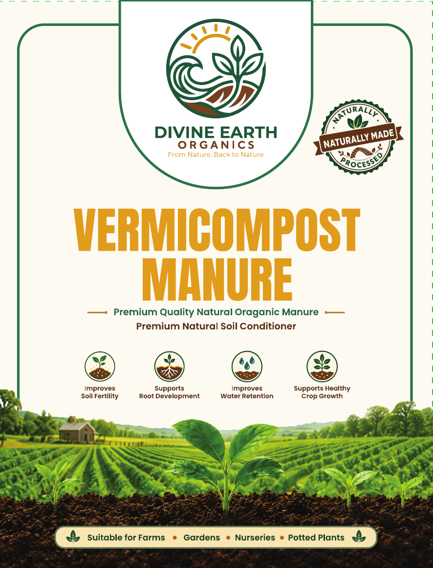 Divine Earth Organics 1 kg natural vermicompost manure packaging for plants and gardens